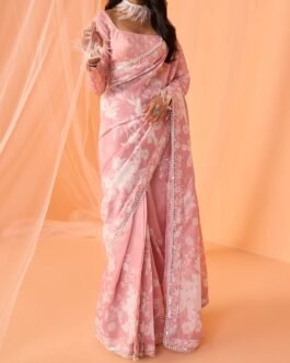 Peach White Floral Printed Saree