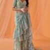 Mint Blue White Floral Printed Saree