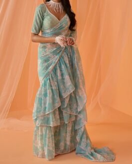 Mint Blue White Floral Printed Saree