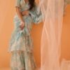 Mint Blue White Floral Printed Saree - Image 2