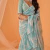 Mint Blue White Floral Printed Saree - Image 3