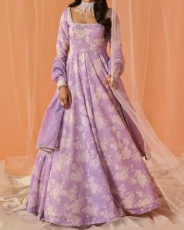 Lilac White Floral Printed Anarkali