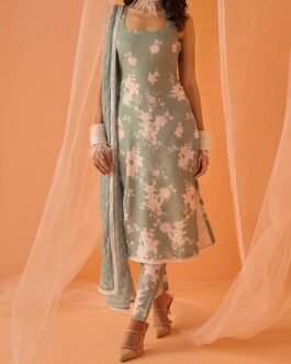 Dusty Green White Floral Printed Straight Suit