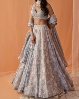 Light Grey White Floral Printed Lehenga