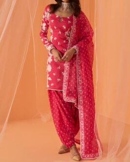 Hot Pink White Floral Printed Straight Suit