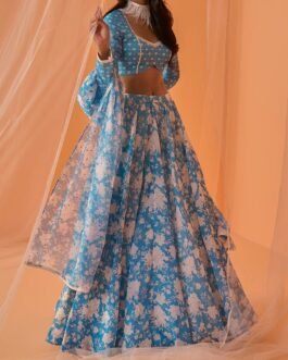 Sky Blue White Floral Printed Lehenga