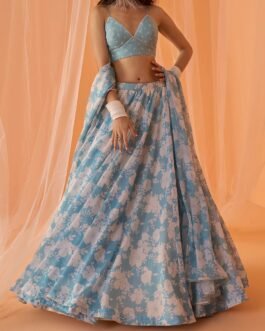 Pastel Blue White Floral Printed Lehenga