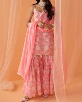 Light Pink White Floral Printed Gharara Suit