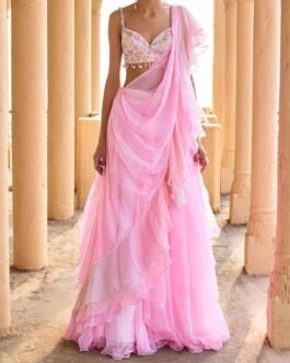 Ombre Pink Ruffled Chiffon Saree