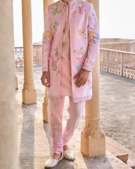 Light Pink Hand Embroidered Velvet Jodhpuri Set