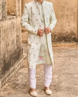 Light Green Hand Embroidered Velvet Jodhpuri Set