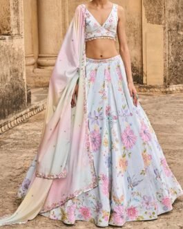 Light Blue Embellished Velvet Lehenga