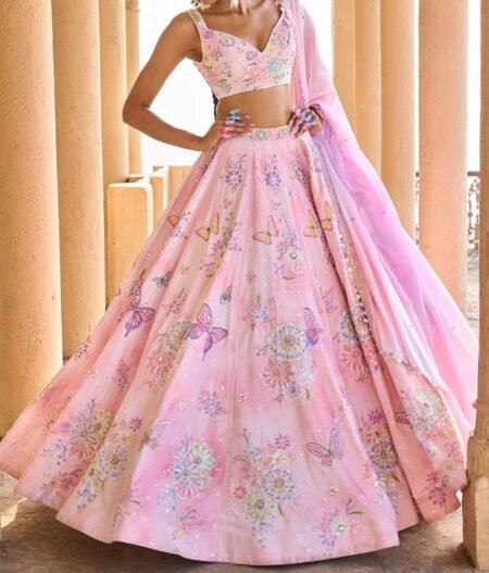 Peachy Pink Embellished Velvet Lehenga - Image 3