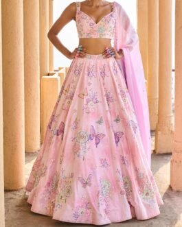 Peachy Pink Embellished Velvet Lehenga