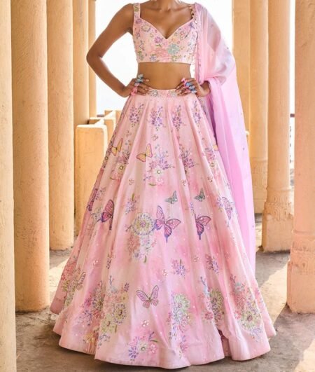 Peachy Pink Embellished Velvet Lehenga