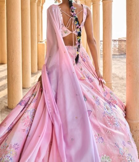 Peachy Pink Embellished Velvet Lehenga - Image 4