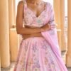 Peachy Pink Embellished Velvet Lehenga - Image 2