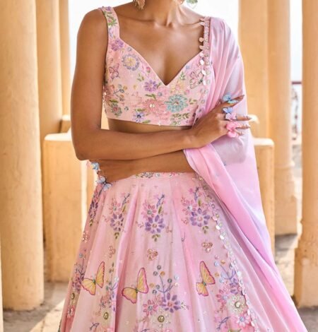 Peachy Pink Embellished Velvet Lehenga - Image 2