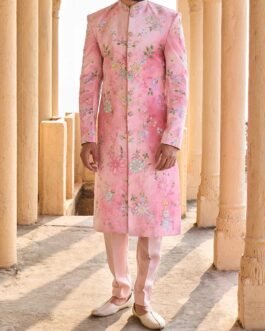 Peachy Pink Hand Embroidered Velvet Sherwani