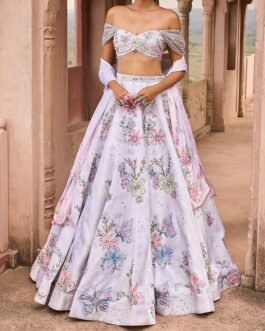 Light Grey Off Shoulder Embellished Velvet Lehenga