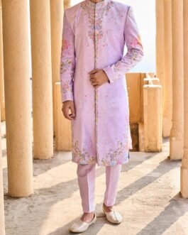 Lavender Hand Embroidered Velvet Sherwani