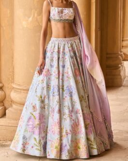 Mint and Purple Embellished Velvet Lehenga