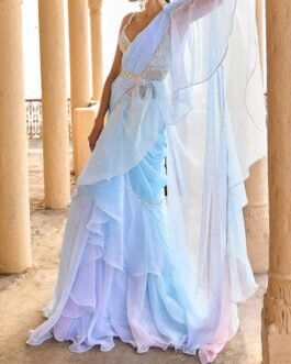 Ombre Blue Ruffled Chiffon Saree