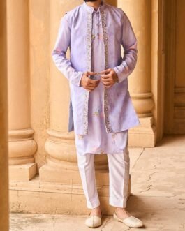 Periwinkle Velvet Embroidered Jacket With Kurta Set